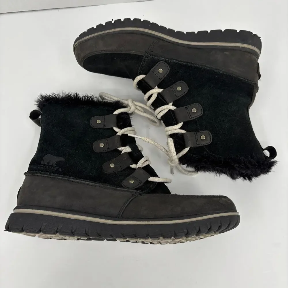Sorel Cozy Joan Boots Size 7.5 Black Leather Nubuck Faux Fur Lace Up Waterproof